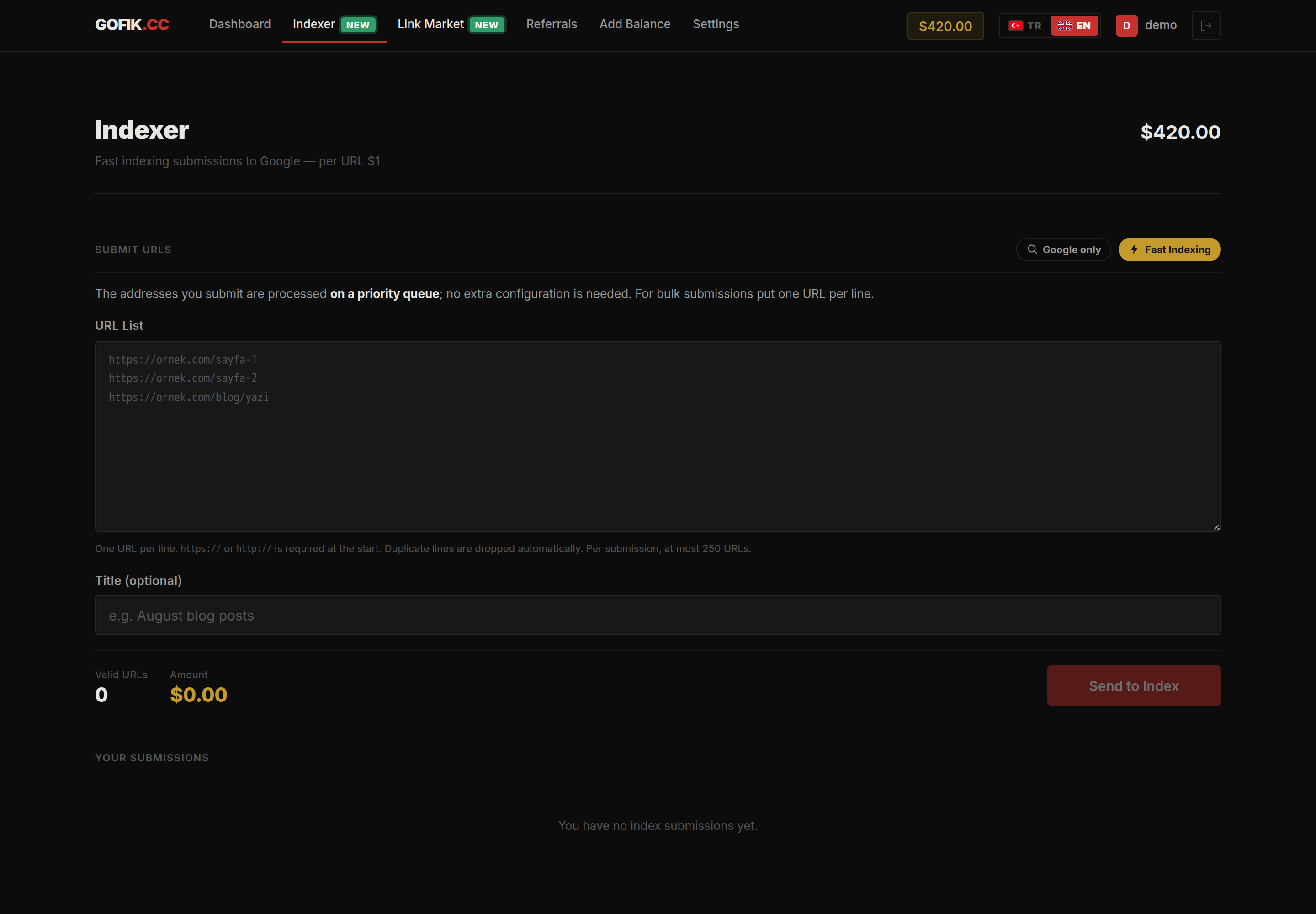 GOFIK Indexer page with bulk URL list, valid URL counter and total cost