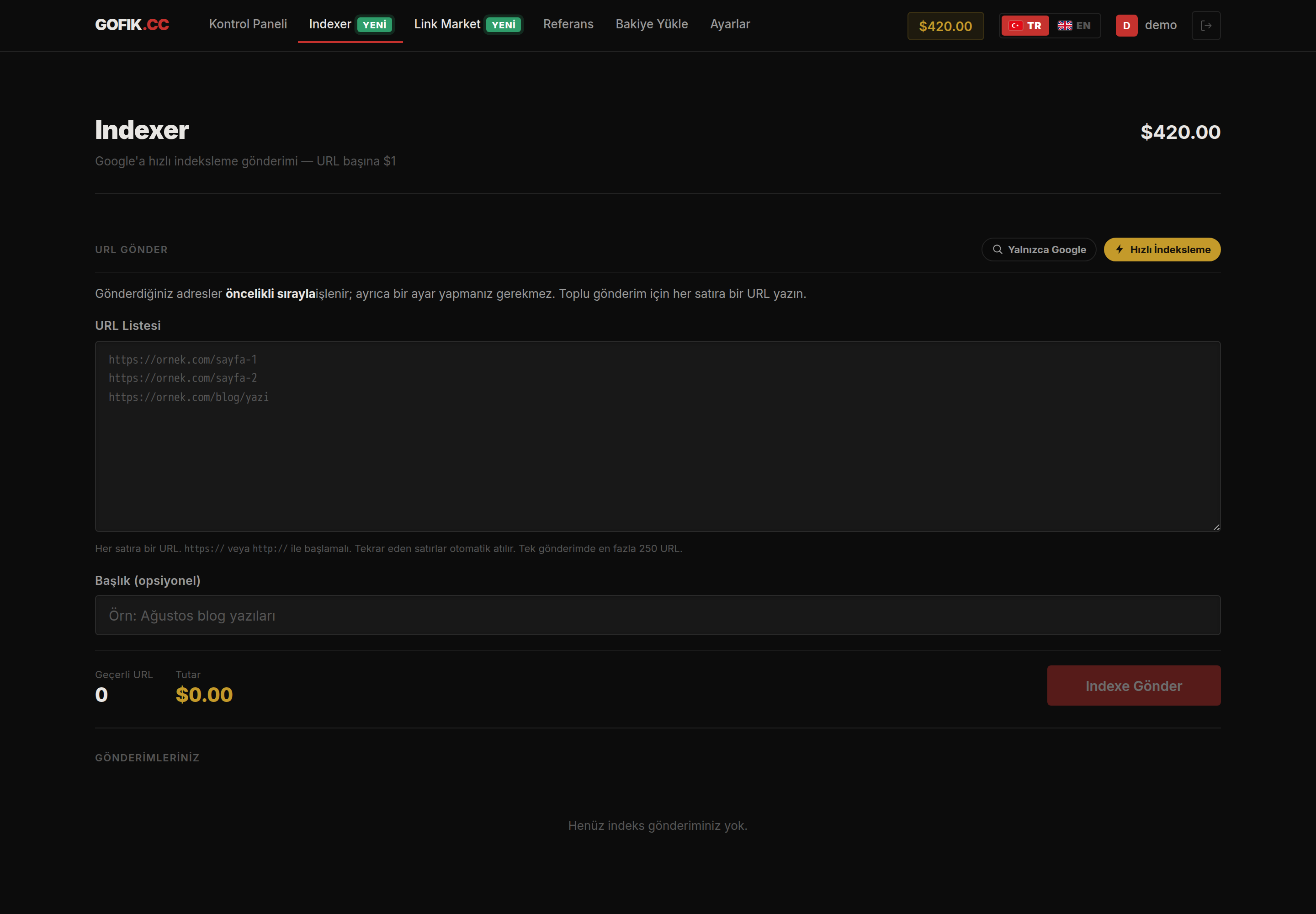 GOFIK Indexer sayfası: toplu URL listesi, geçerli URL sayacı ve tutar hesabı