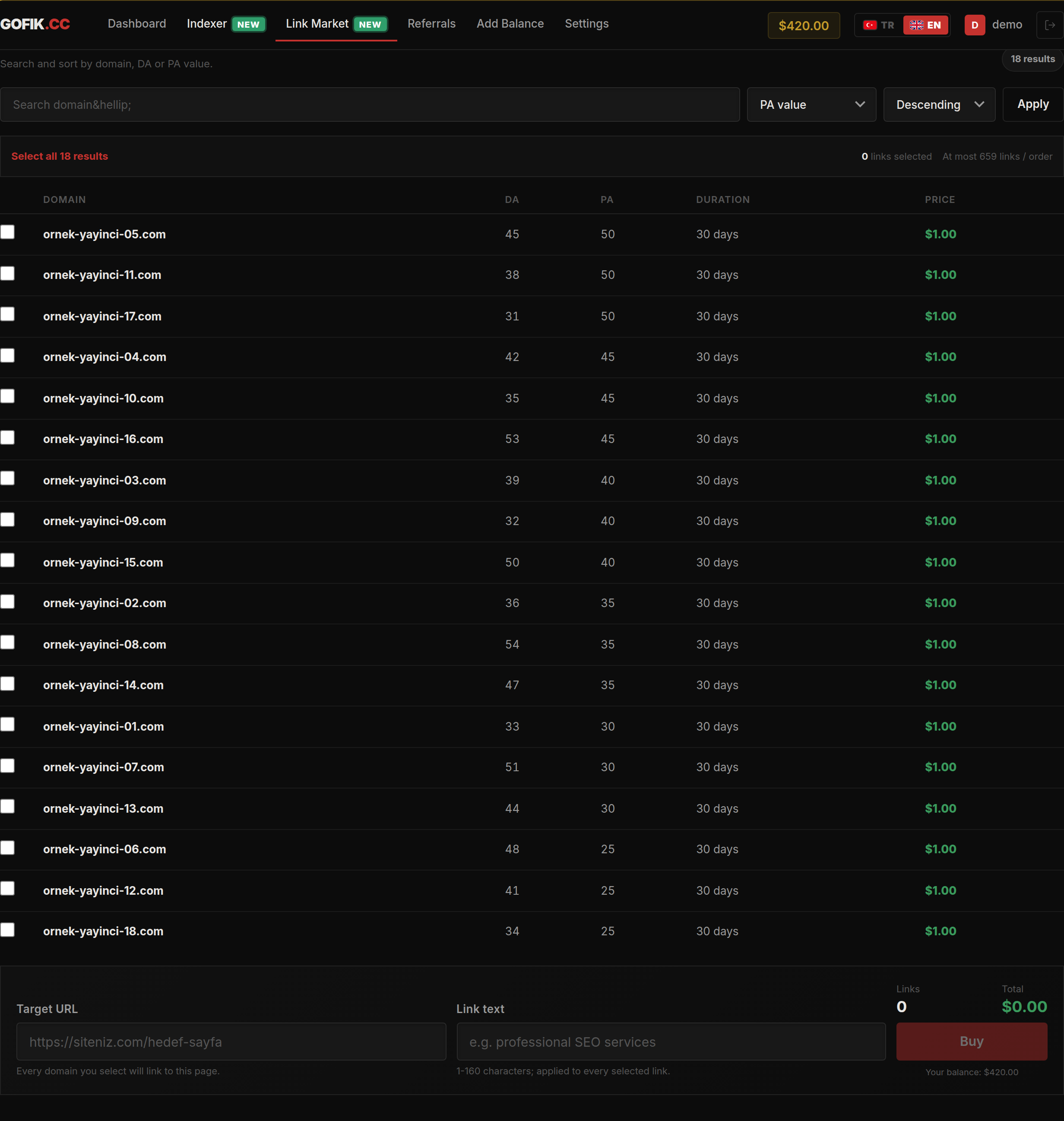 Link Market publisher inventory listing domain, DA, PA, duration and price