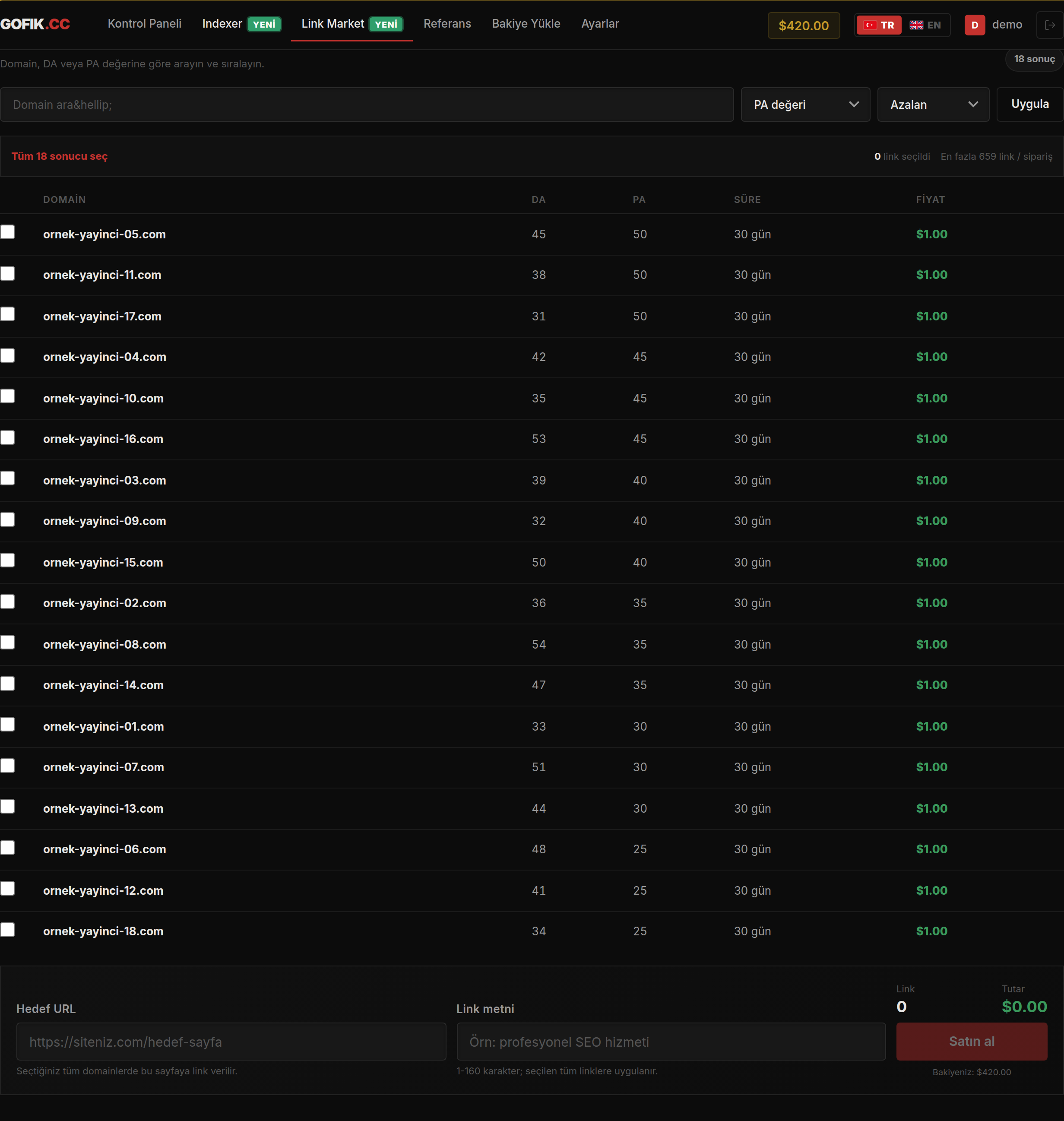 Link Market yayıncı envanteri: domain, DA, PA, süre ve fiyat sütunlarıyla site listesi