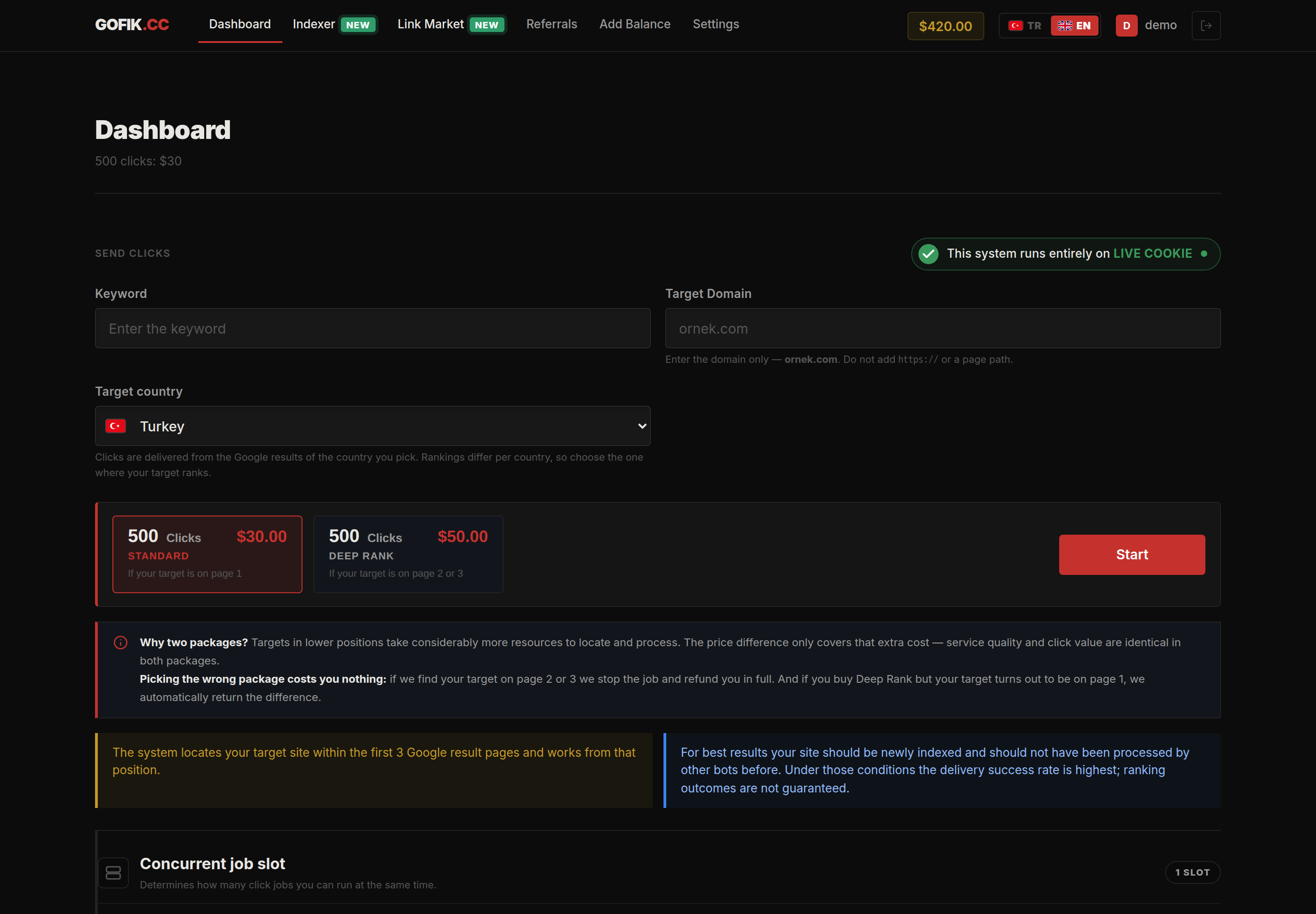 GOFIK dashboard with click form, package selection and concurrent slot